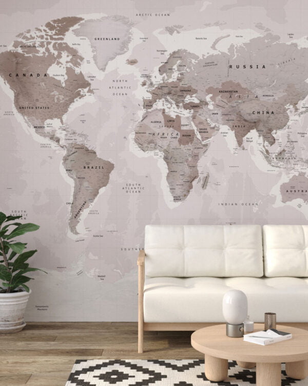 World map wall mural with sepia effect for the living room