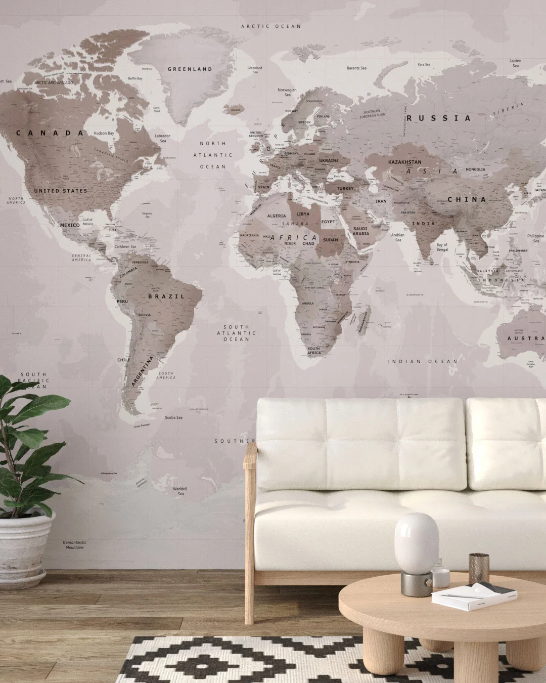 Wall Mural Wayfinder Sepia for the living room - kith2kin.com World map wall mural with sepia effect for the living room