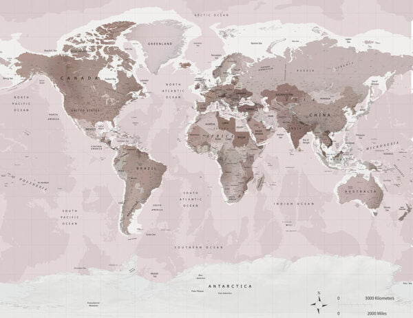 World map wall mural with sepia effect