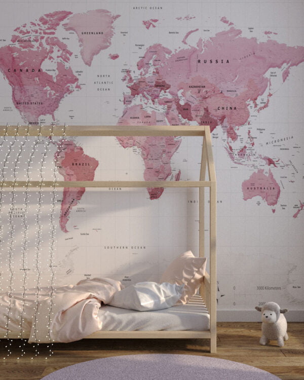 Political map of the world in soft pink color wall mural for a children's room