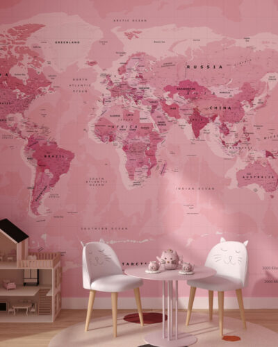 Political map of the world in bright pink color wall mural for a children's room