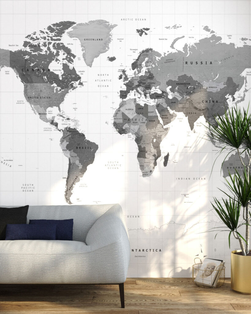 Political map of the world in gray color wall mural for the living room