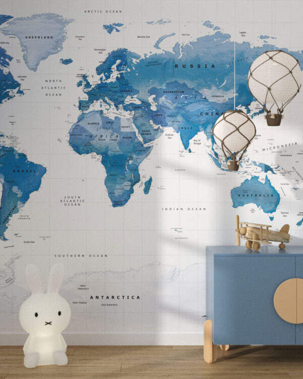 Political map of the world in blue color wall mural for a children's room
