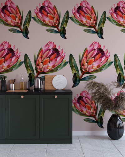 Detailed protea flower patterned wallpaper for the kitchen