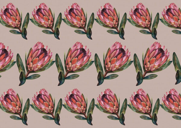 Detailed protea flower patterned wallpaper