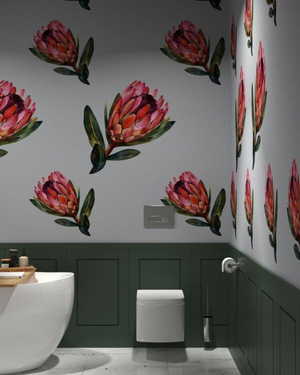 Painted protea flower on a baby-blue background wallpaper for the bathroom