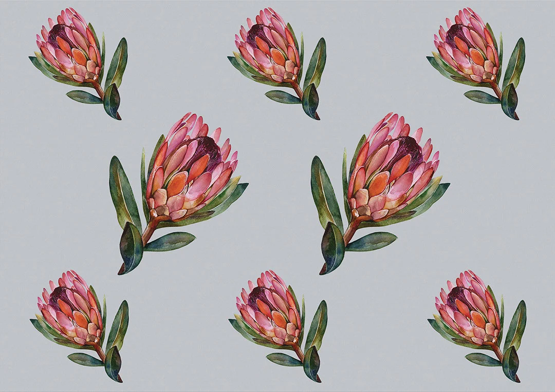Flower wallpaper with painted proteas on a baby-blue background