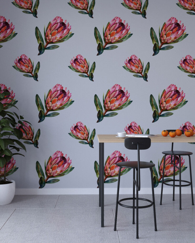 Painted protea flower patterned wallpaper for the kitchen
