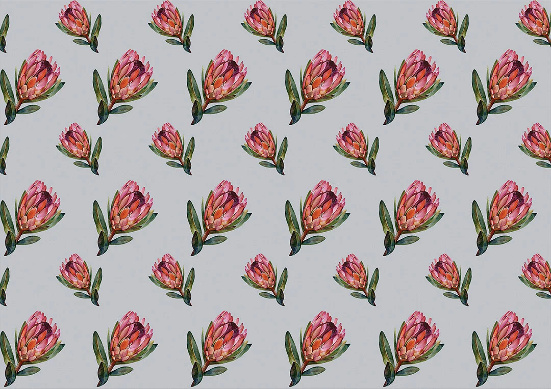 Flower wallpaper with pattern of painted proteas