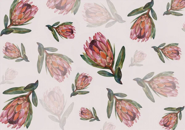 Flower wallpaper with delicate proteas on the light background