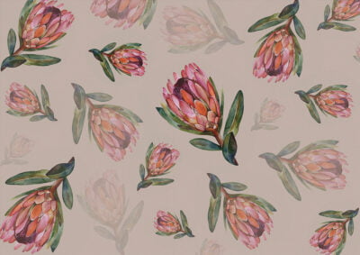 Flower wallpaper with delicate proteas on the beige background