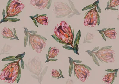 Flower wallpaper with delicate proteas on the beige background