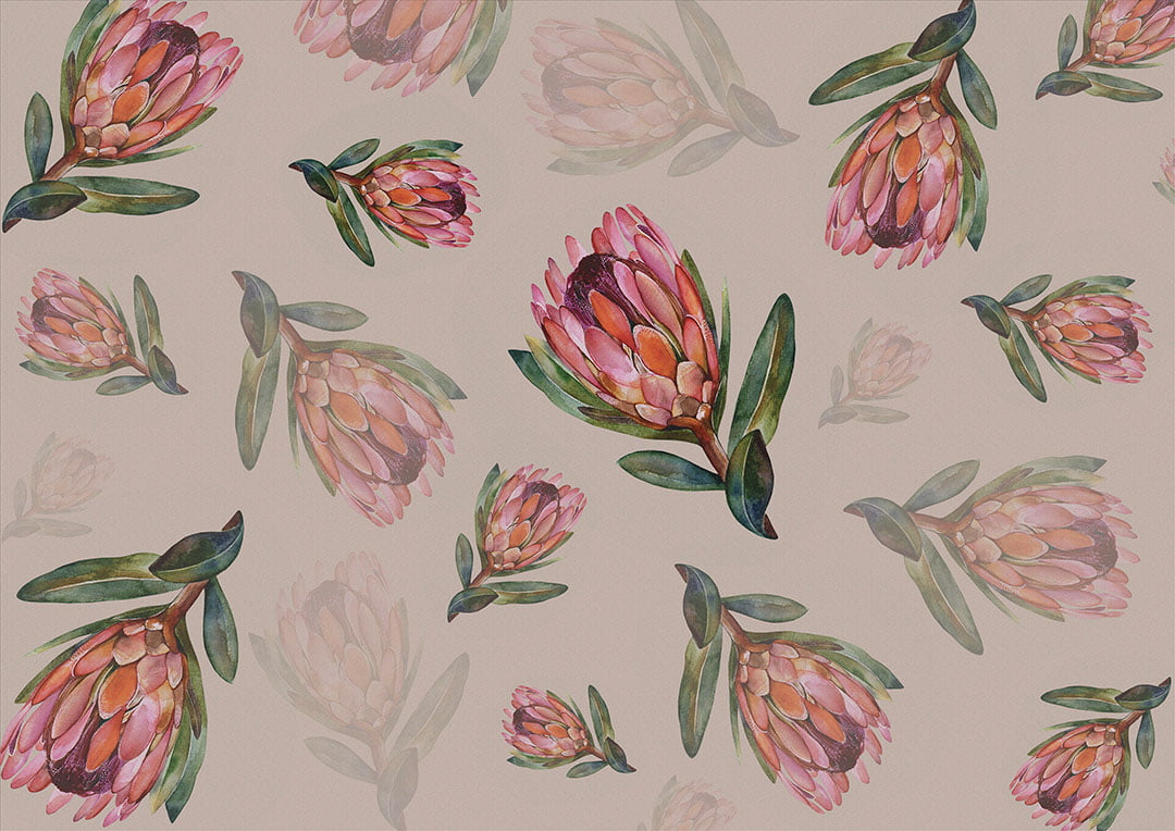 Flower wallpaper with delicate proteas on the beige background