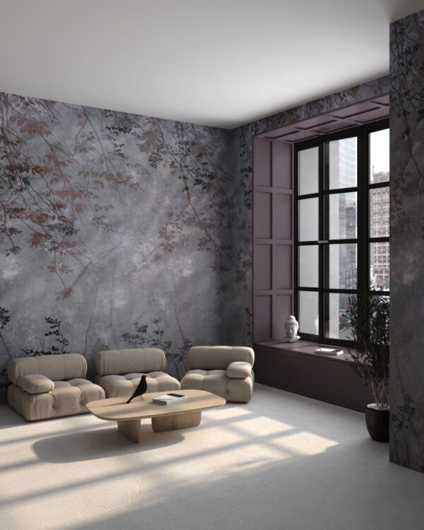 Mysterious tree branches and leaf imprints wall mural for the living room