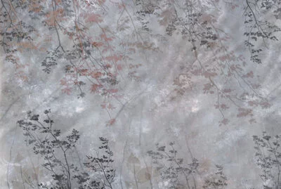 Mysterious forest wall mural with dark tree branches and leaf imprints