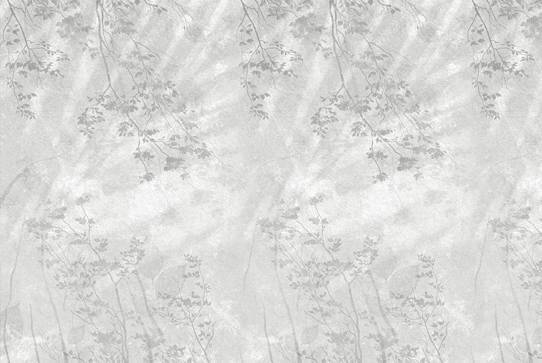 Mysterious forest wall mural with gray tree branches and leaf imprints