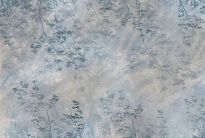 Mysterious forest wall mural with blue tree branches and leaf imprints