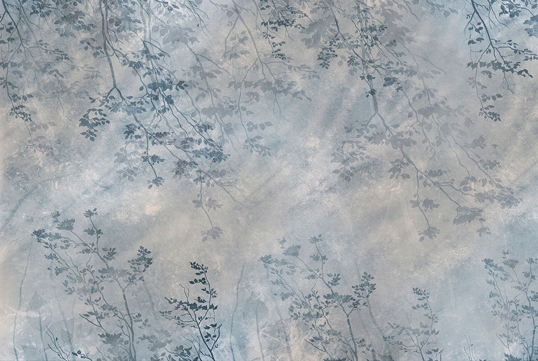 Mysterious forest wall mural with blue tree branches and leaf imprints