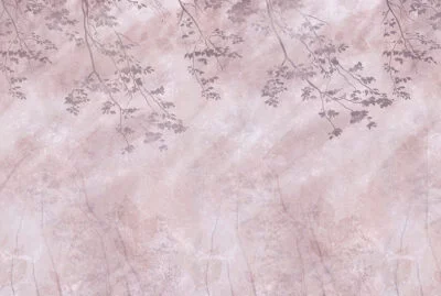 Abstract tree branches and leaves in pink forest wall mural