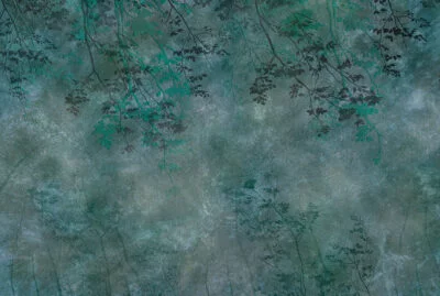 Abstract tree branches and leaves in green forest wall mural