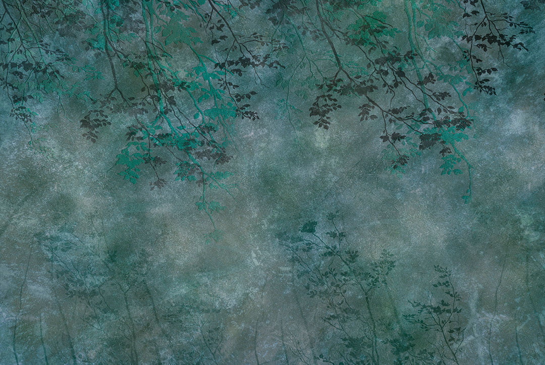 Abstract tree branches and leaves in green forest wall mural