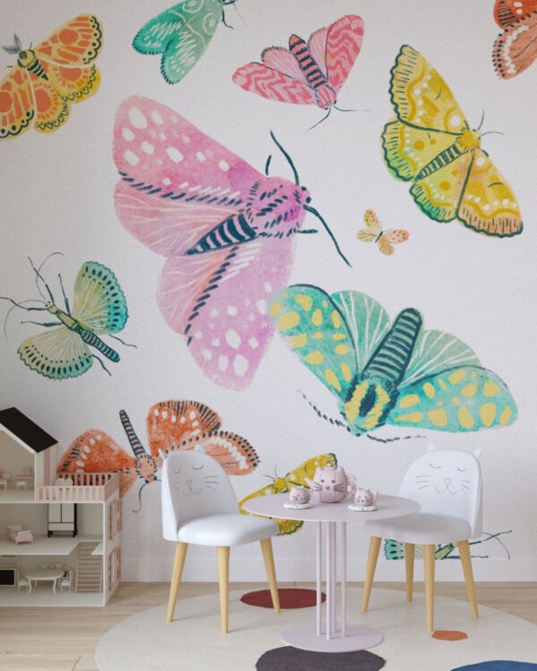 Pink and turquoise oversized butterflies wall mural for a children's room