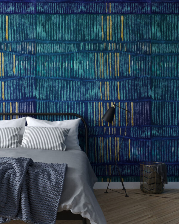Abstract linear wall mural with golden elements for the bedroom