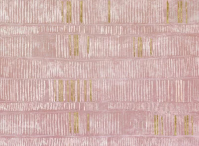Art wall mural with abstract pink and golden lines