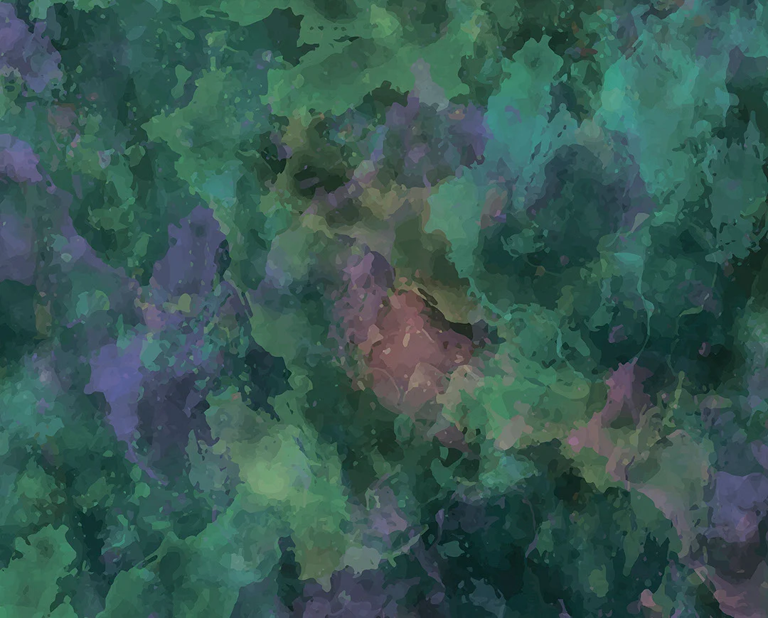 Art wall mural with abstract splashes of green and purple paint