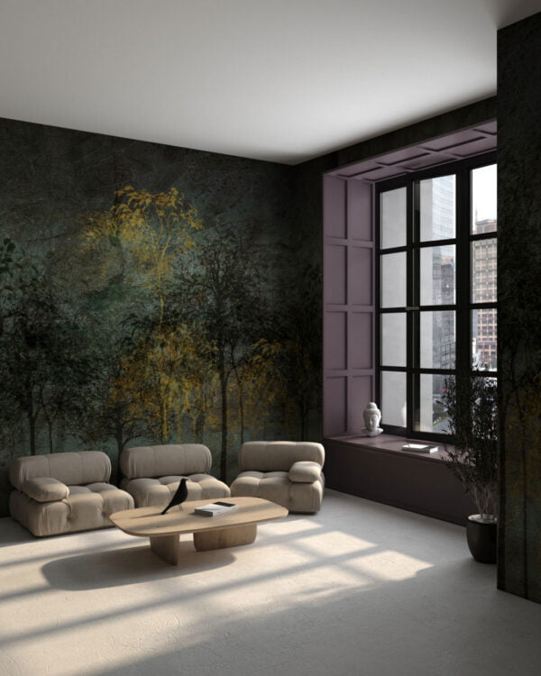 Mysterious dark forest wall mural with an accent color for the living room