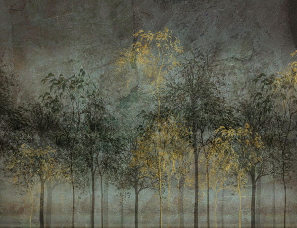 Mysterious dark forest wall mural with an accent gold and green colors