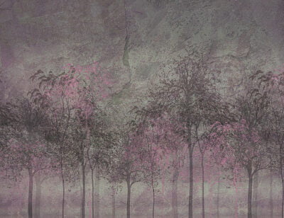Mysterious dark forest wall mural with an accent purple and brown colors