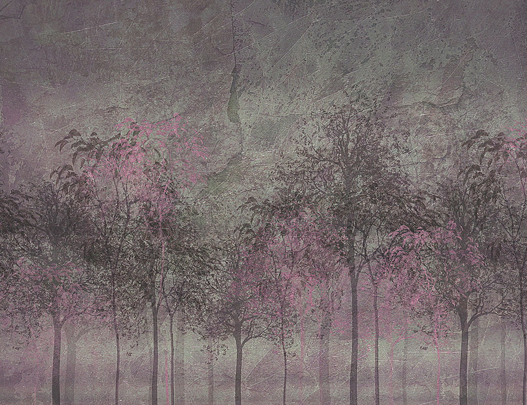 Mysterious dark forest wall mural with an accent purple and brown colors