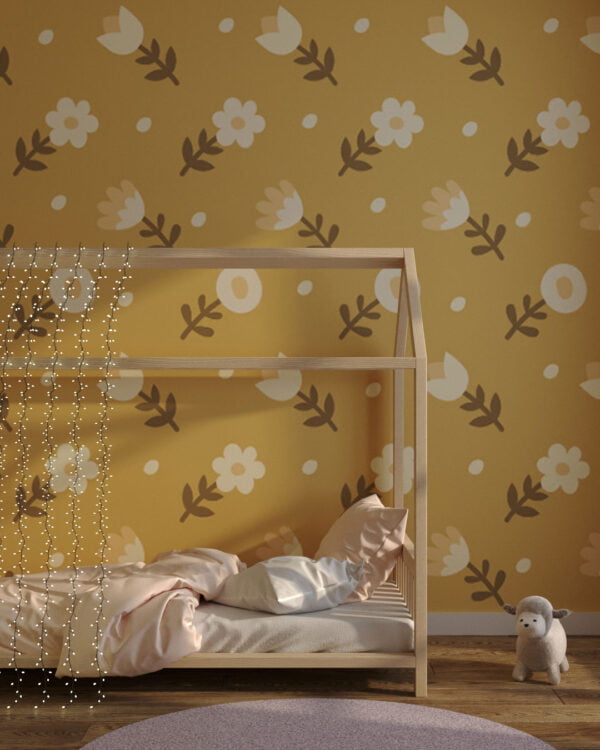 Mustard wallpaper for a children's room with floral pattern