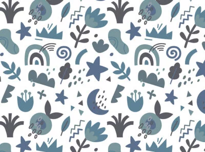Patterned kids wallpaper with stars, moon, rainbow and leaves in cold tones