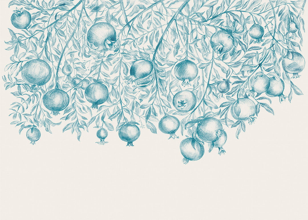 Hand-drawn blue pomegranates on the light background wall mural