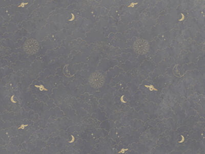Designer wallpaper with pattern of golden planets, sun and clouds on the gray sky