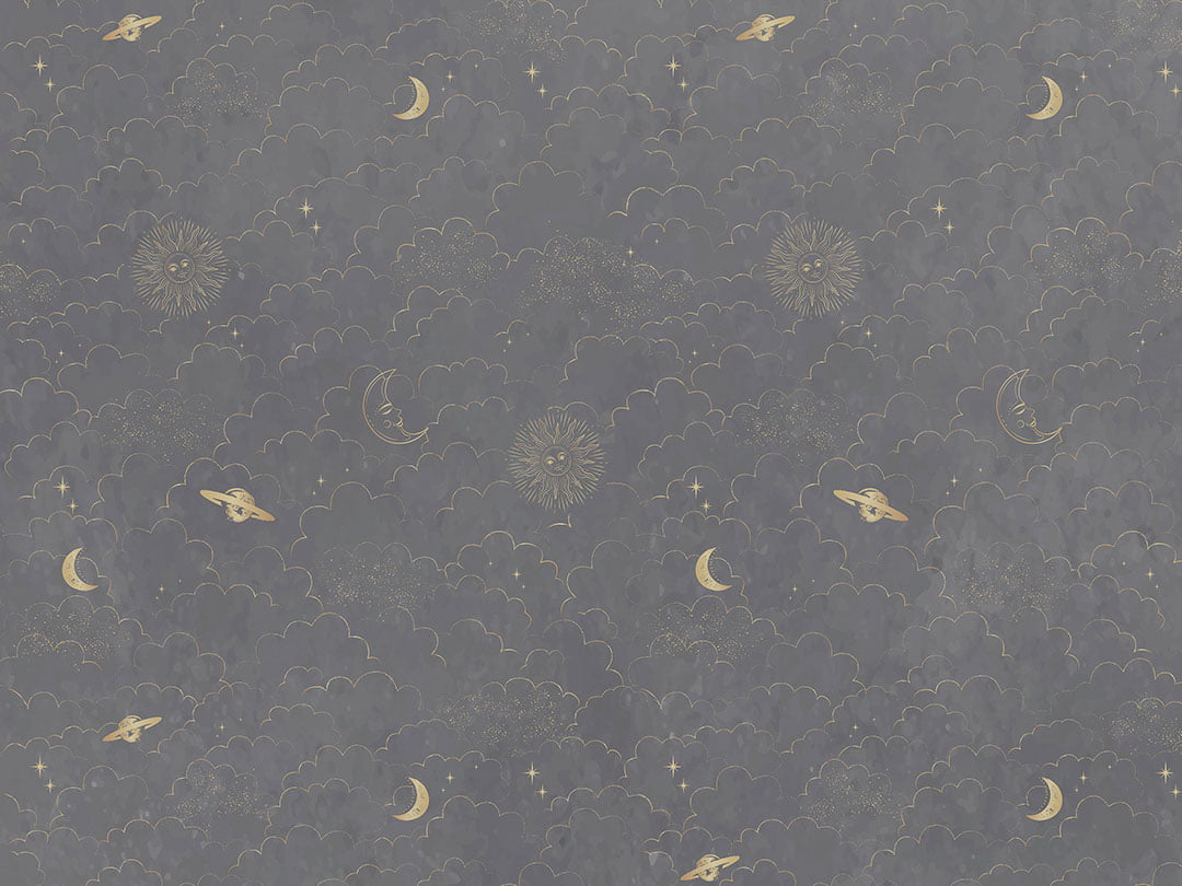 Designer wallpaper with pattern of golden planets, sun and clouds on the gray sky