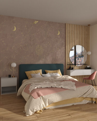 Golden planets and clouds patterned wallpaper for the bedroom