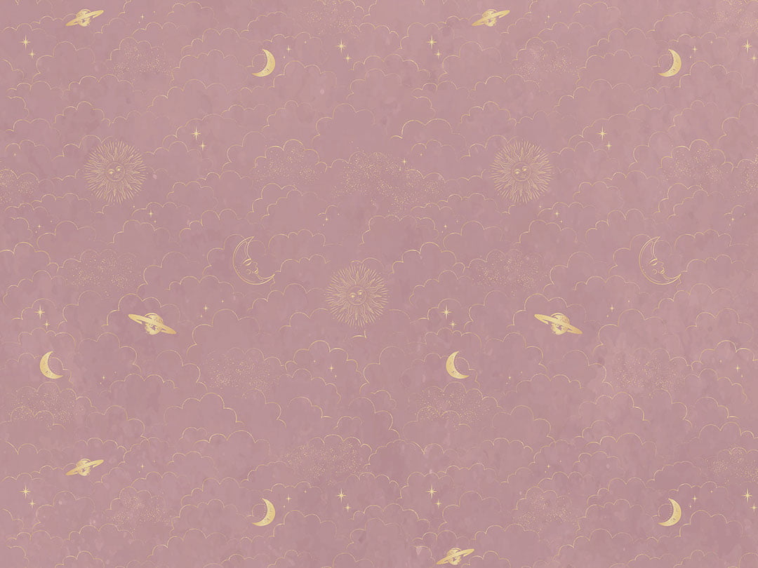 Golden planets and clouds on the pink sky patterned wallpaper