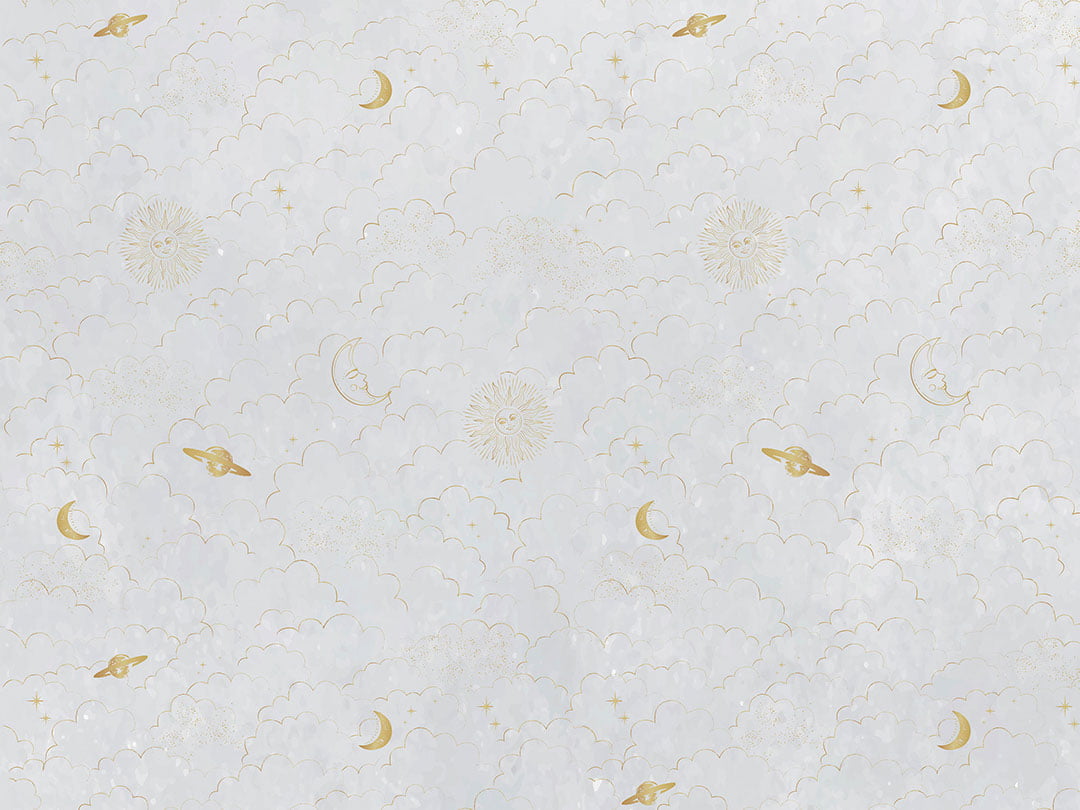 Golden planets and clouds on the milk sky patterned wallpaper
