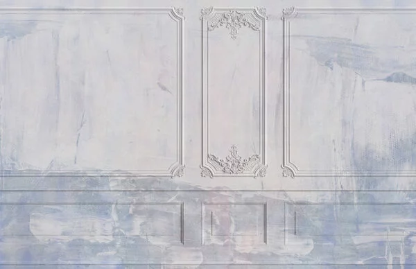 Designer wall mural with Venetian panels on blue and white plaster texture