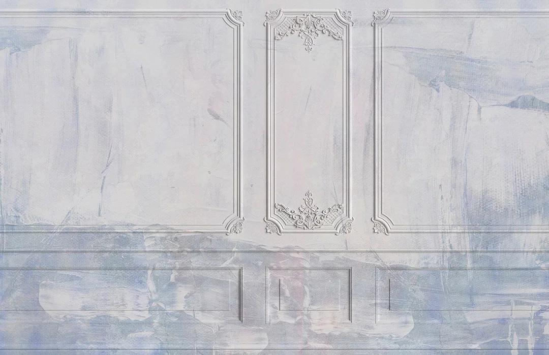 Designer wall mural with Venetian panels on blue and white plaster texture