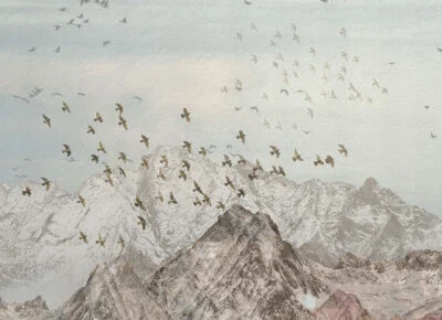Nature wall mural with winter mountains and bird flocks