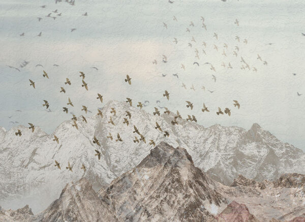 Winter mountains with bird flocks wall mural