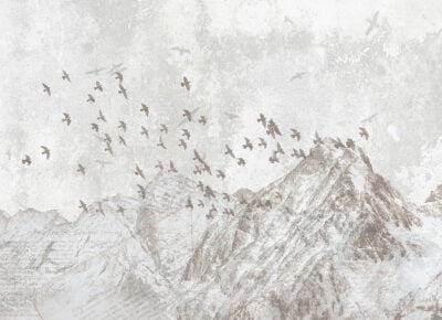 Nature wall mural with gray winter mountains and bird flocks