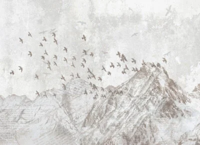 Nature wall mural with gray winter mountains and bird flocks
