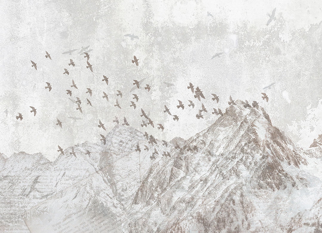 Nature wall mural with gray winter mountains and bird flocks