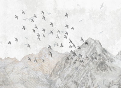 Nature wall mural with textured mountains and bird flocks