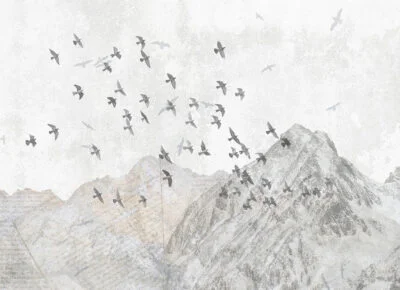 Nature wall mural with textured mountains and bird flocks